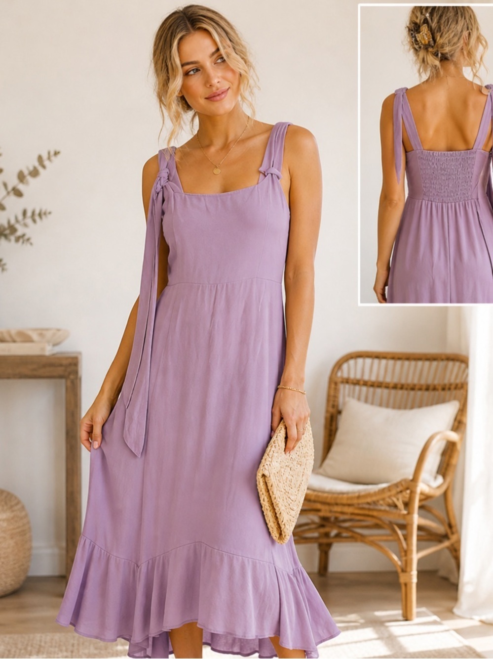 Show Me Your Mumu Claire Midi Dress M Lavender Tie Strap Smocked Back Boho